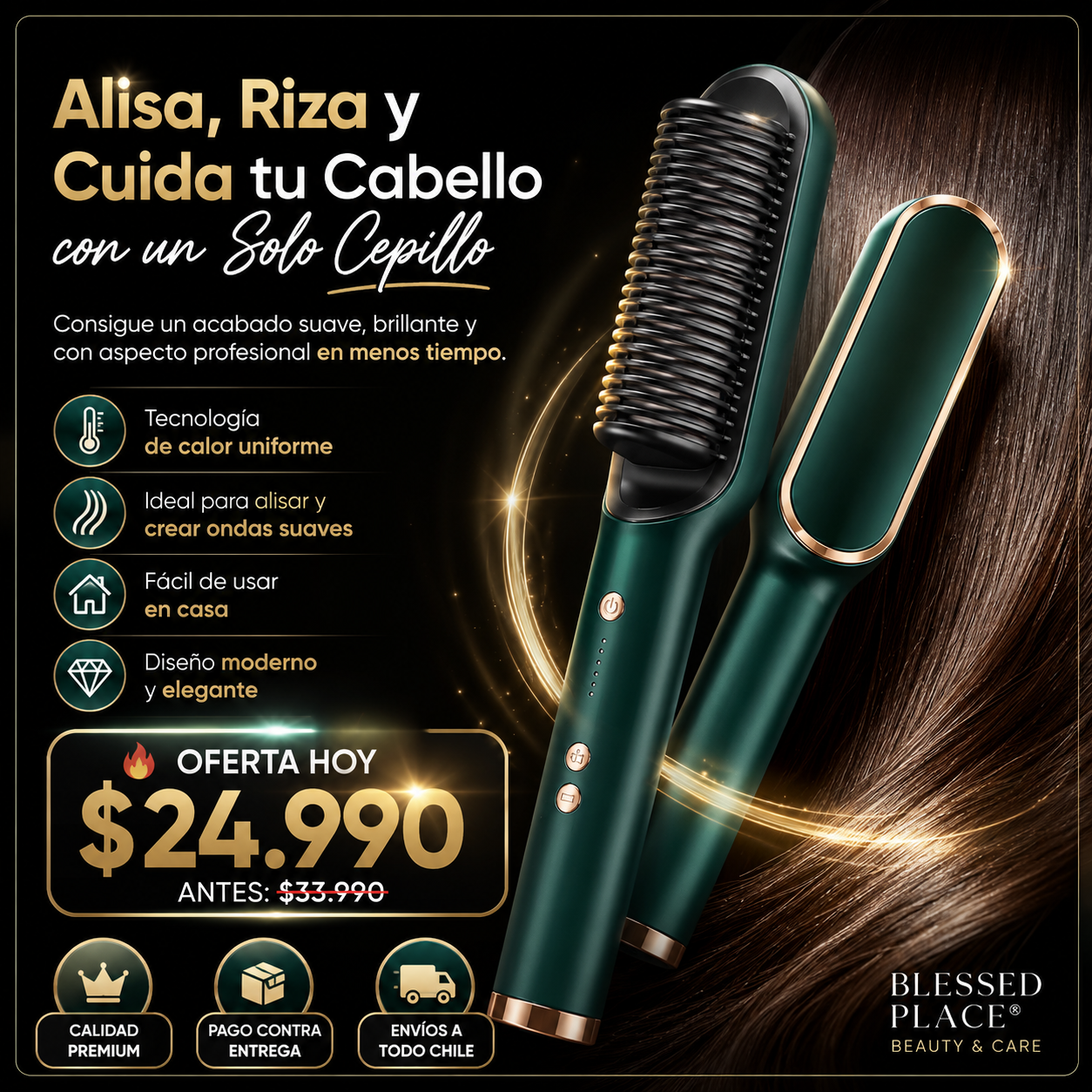 Cepillo Alisador Premium Blessed Place® — Alisa, Riza y Cuida tu Cabello